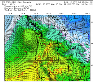 A powerful low near 975 millibars, shown here off the Washington coast at 10 p.m. Sunday night, will slam ashore over southern Vancouver Island early on Monday. As the low moves inland, gusts to 60 mph are possible in the Seattle area.