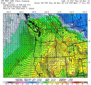 The University of Washington's weather model depicts a strong area of low pressure coming ashore near southern Vancouver Island on Monday, giving blustering winds to Puget Sound. Other models, however, show the storm making landfall much further north.