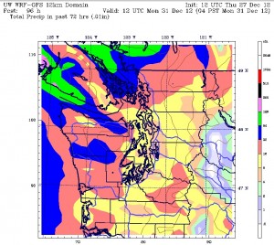 72-hour rainfall forecast for Western Washington, per the UW's WRF model. Less than .20 inches of rain are projected in Seattle through Monday, with all of it falling on Friday and Saturday.
