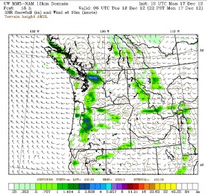 A couple inches of snow is predicted from Stanwood to Mt. Vernon later tonight by the NAM model from the UW. Further south, a dusting of snow is possible east of I-405.