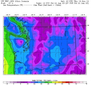 Overnight lows will plunge into the upper 20s for most places, according to the WRF weather model. 