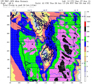 After a round of light showers today, heavier rain is on tap for Seattle tomorrow afternoon and evening. By early Tuesday, the UW's GFS model predicts rainfall totals of .50 inches near Seattle, and .75 inches on the Eastside