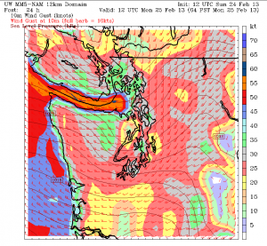 At 4 a.m., Monday, wind gusts across the Sound are forecast to be in the 30-40 mph range, according to the NAM weather model. Also note the high winds surging down the Strait toward Whidbey Island.