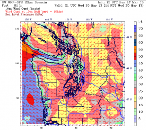 Early Wednesday afternoon promises to windy around Seattle, with gusts reaching 30-40 mph in the metro area.