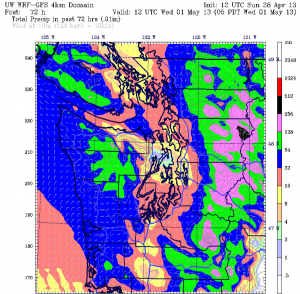 From now through the end of APril, the UW's WRF model predicts an additional   0.30 inches for Seattle—not enough for the month to surpass April 1991 as the city's wettest April.