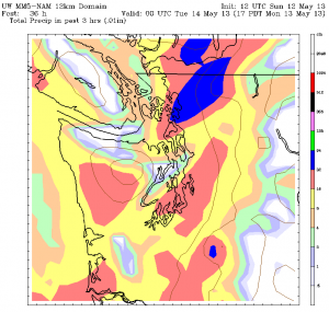 The UW's NAM model predicts heavy rainfall Monday afternoon as a line of storms--possibly containing thunder, lightning, and hail--move across Puget Sound.