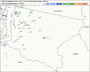 The 24-hour rainfall map from the  shows most places in King County picked up measurable rain from thunderstorms late Tuesday and early Wednesday. Parts of Seattle near the Sound, however, reported just a trace, as did Sea-Tac Airport--where Seattle's official weather records are kept. 