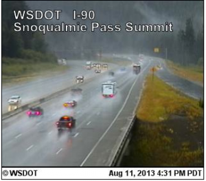 The Department of Transportation's camera at Snoqualmie Pass shows rain-slicked roads earlier this afternoon after a strong thunderstorm rolled through.