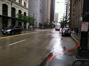 Rain falls in downtown Seattle early Friday afternoon. After 35 days, the city's dry streak finally   ended today.