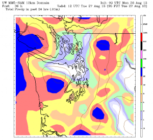 Cloudy skies are in store for the region tomorrow, but the University of Washington's NAM model predicts very little rain around Seattle, with most places logging less than 0.10 inches.