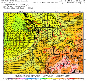 The WRF weather model from the University of Washington depicts a strong area of low pressure coming ashore on Vancouver Island tonight. 