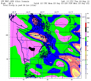 Sunday is shaping up to be a soggy day around Seattle, with the UW's WRF model calling for roughly half an inch of rain in the city. Even higher amounts are possible on the Eastside.
