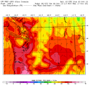 On Thursday, the WRF weather model calls for highs in the upper 60s from Seattle south. Similarly warm weather is predicted next Friday and Saturday.