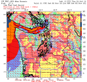 The WRF model from the UW shows wind gusts around 35 mph from Seattle north on Saturday.