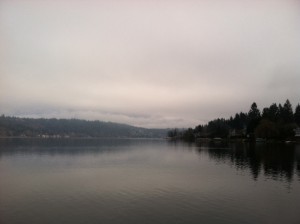 Low clouds and fog hang over Lake Sammamish on a recent winter day. After a little light rain this afternoon, fog is likely again this weekend, with some sun in the afternoons.
