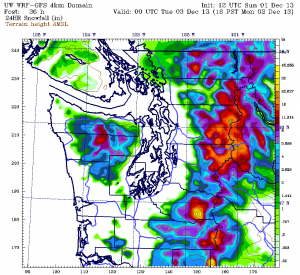 The UW's WRF weather model shows very little snow  tomorrow, with the exception of Whatcom County. 
