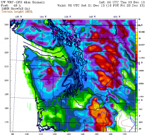 The University of Washington's WRF weather model calls for 2 to 4 inches of snow in Seattle Friday morning.