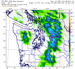 24-hour snowfall accumulation ending at 4 a.m. Tuesday, per the UW's WRF model. No sticking snow is expected in Seattle, but places from  Everett north could collect an inch.