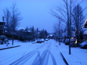 With Christmas lights twinkling, snow falls in Issaquah Friday morning.