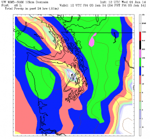The UW's NAM model paints a quarter-inch of rain across Seattle Thursday night, with heavier totals north of Everett.