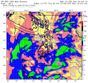 The University of Washington's WRF weather models calls for a burst of showers tomorrow--with the heaviest amounts staying south of Seattle.