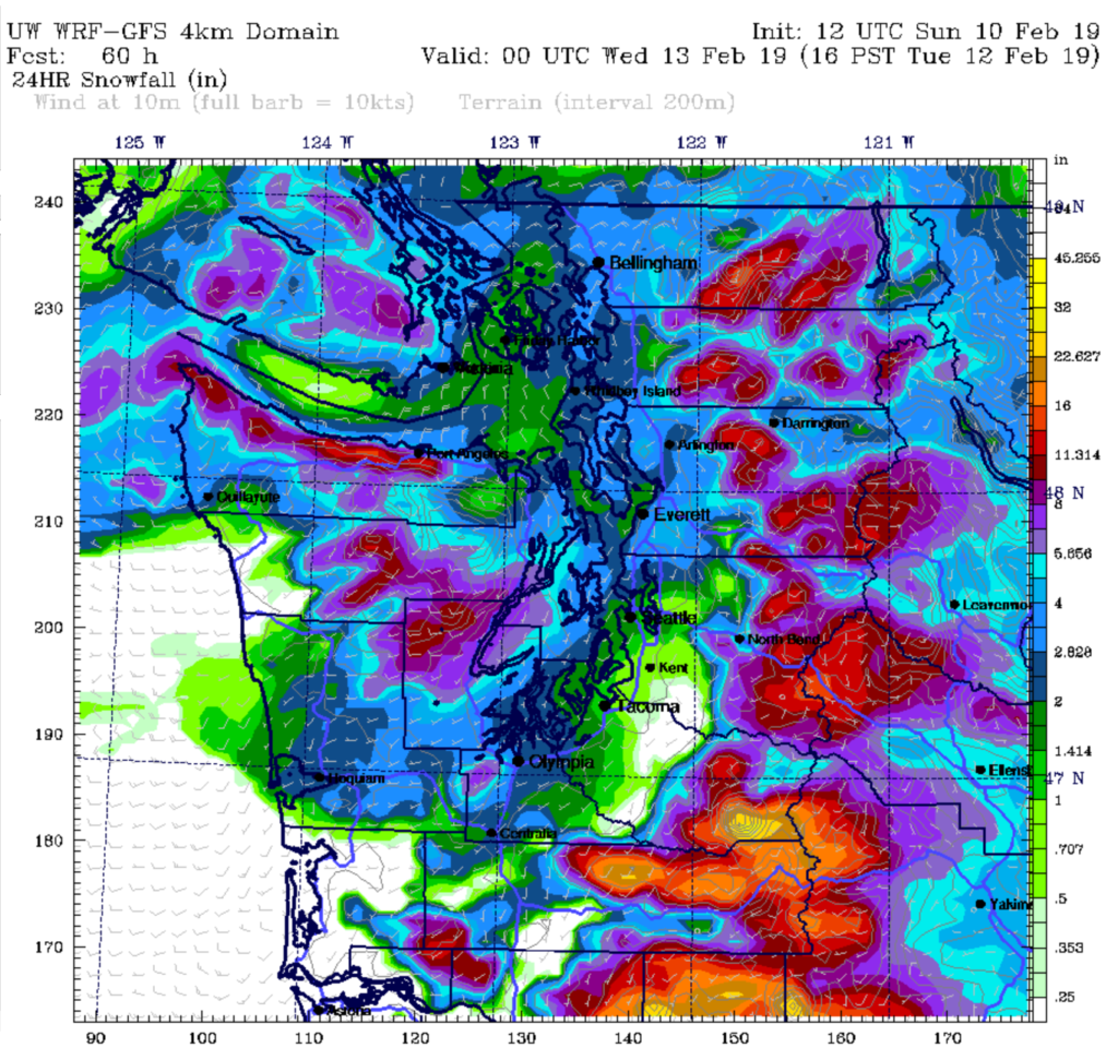 24-hour forecast snowfall amounts by the University of Washington's WRF weather model, from 4 p.m. Monday through 4 p.m. Tuesday