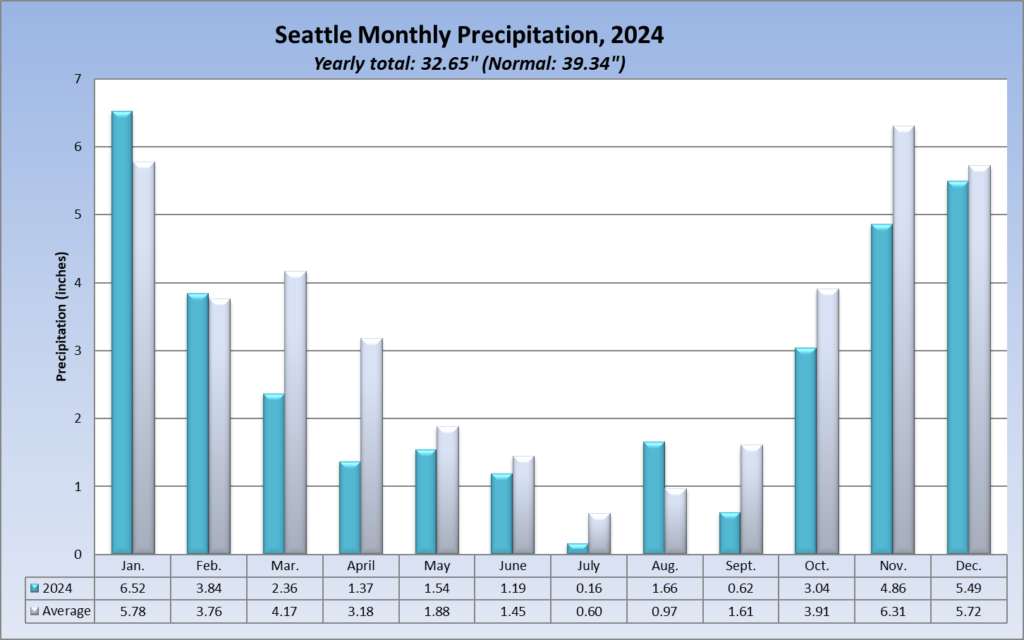Seattle rainfall by month in 2024